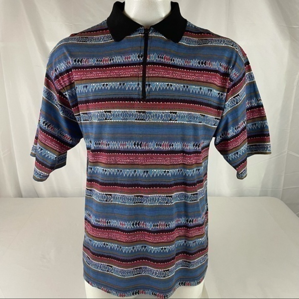 Men's Zip Polo Shirt in Blue & Burgundy Stripes